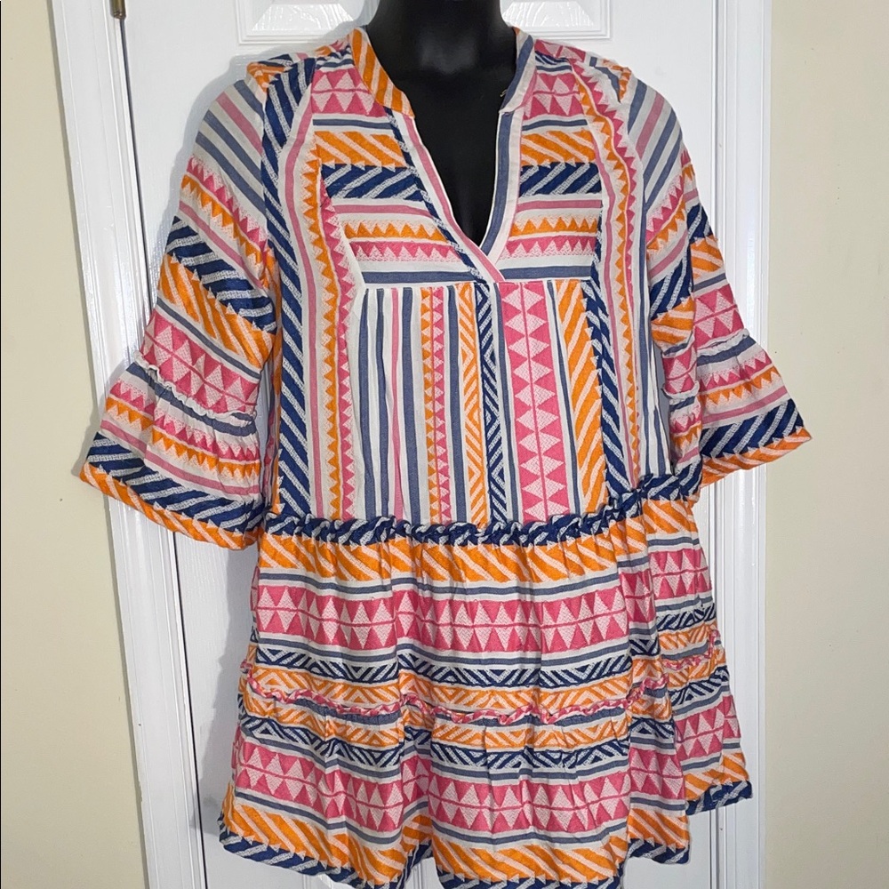 Multi‑Color Striped Geo Print V-neck Peasant Top w/Pockets L 22”X 34”